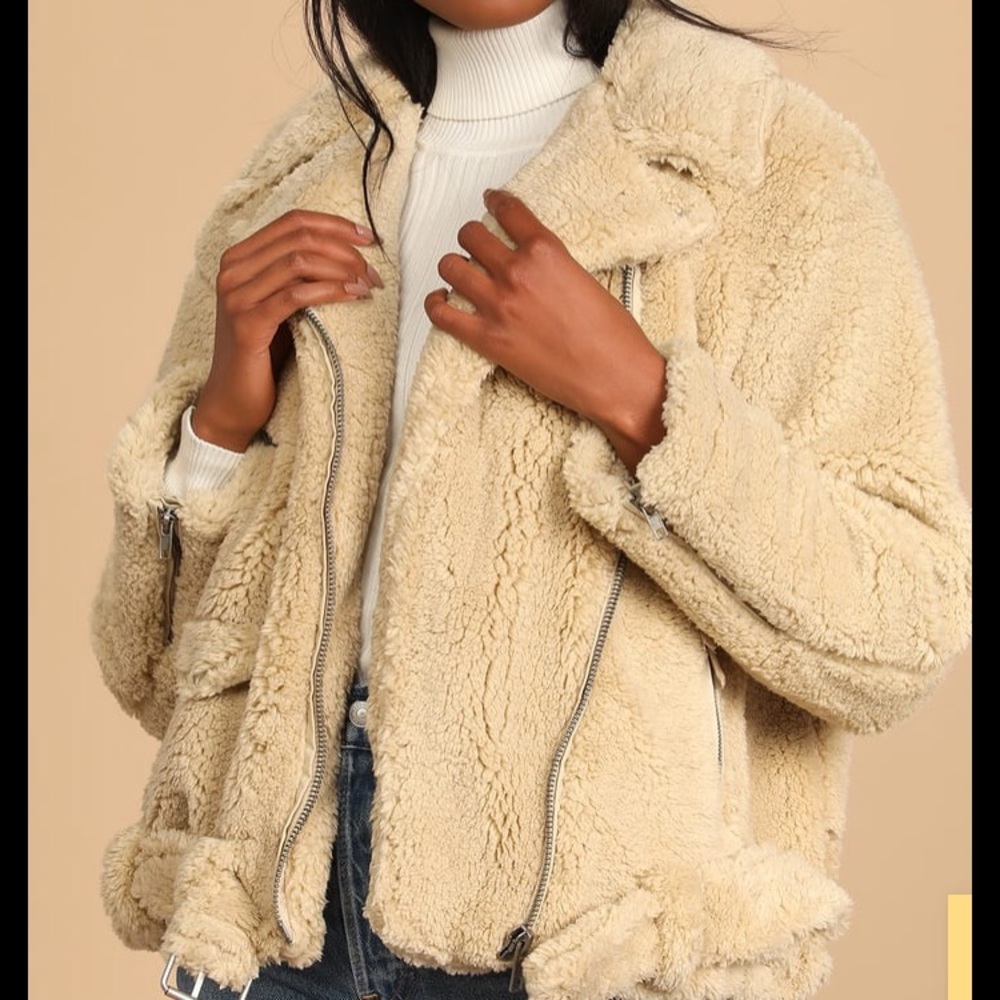 ***FREE PEOPLE So Cozy Beige Faux Fur Slouchy Moto Jacket***